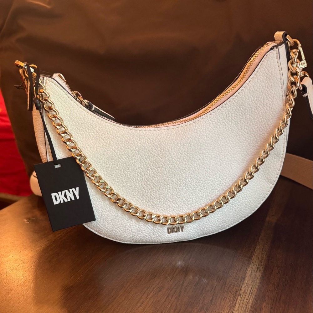 DKNY White Crossbody Bag with Gold Chain Jessie Crescent NWT with AirPod case